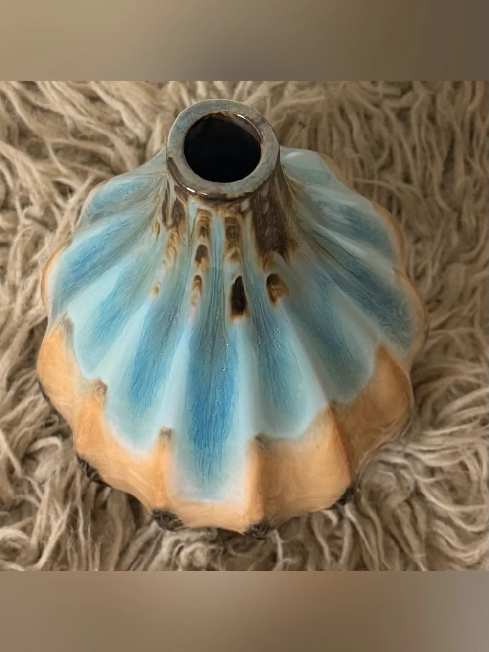 Glazed Ceramic Teardrop Vase in Blue, Tan & Black